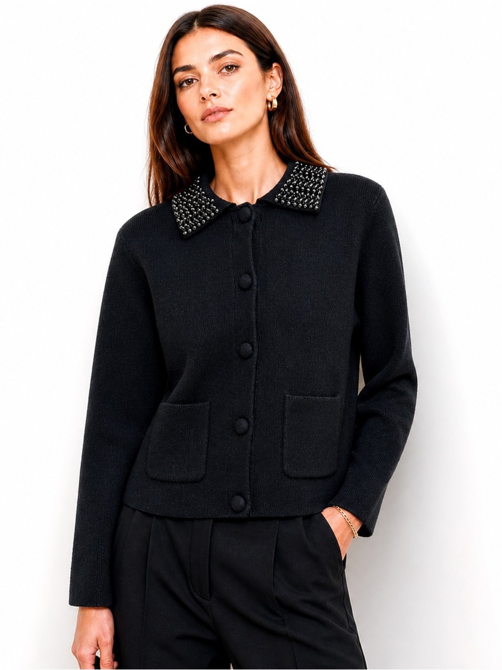NWT Marled Black Embellished Collar Cardigan Small | Chic Knit Jacket